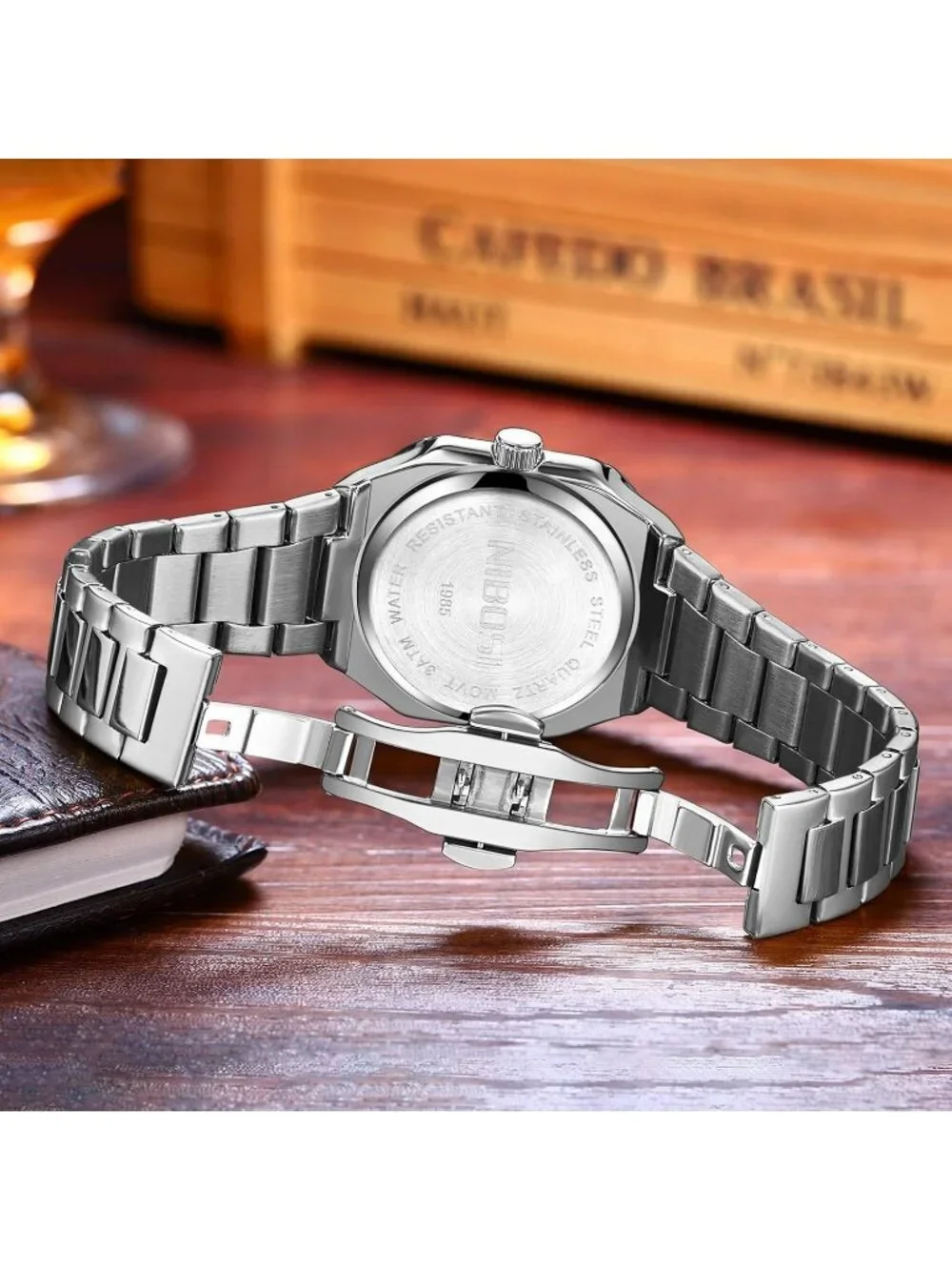 Men's Silver Black Square Analog Quartz Stainless Steel  Waterproof Wrist Watch